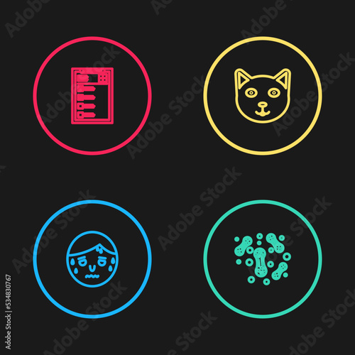 Set line Man with excessive sweating, Bacteria, Pet and Clinical record icon. Vector