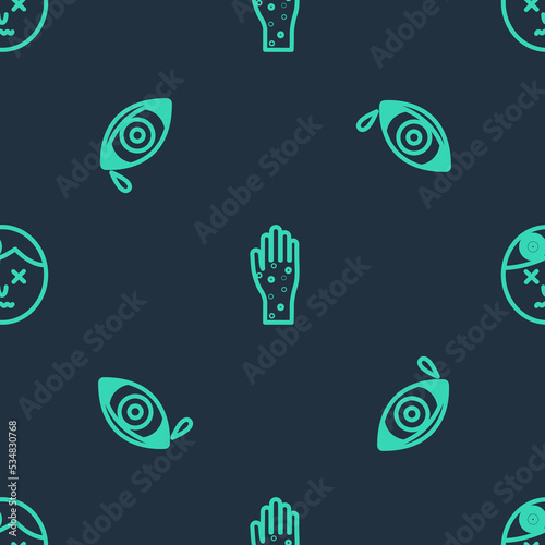 Set line Hand with psoriasis or eczema  Reddish eye allergic conjunctivitis and Man having headache on seamless pattern. Vector