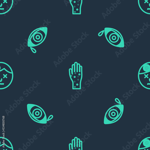 Set line Hand with psoriasis or eczema, Reddish eye allergic conjunctivitis and Man having headache on seamless pattern. Vector