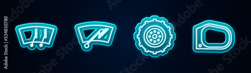 Set line Windscreen wiper, , Car wheel and mirror. Glowing neon icon. Vector