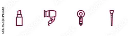 Set line Lipstick, Hair dryer, and Makeup brush icon. Vector