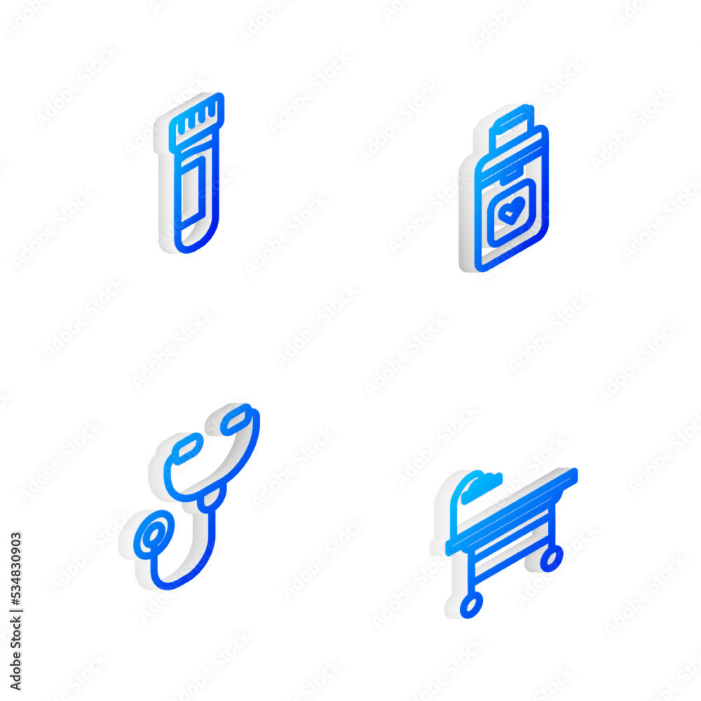 Set Isometric line Organ container, Test tube with blood, Stethoscope and Operating table icon. Vector Set Isometric line Organ container, Test tube with blood, Stethoscope and Operating table icon. Vector