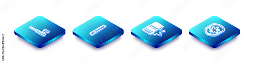 Set Isometric line Smoking pipe, Marijuana joint, Medical bottle with marijuana and Shield and leaf icon. Vector Set Isometric line Smoking pipe, Marijuana joint, Medical bottle with marijuana and Shield and leaf icon. Vector