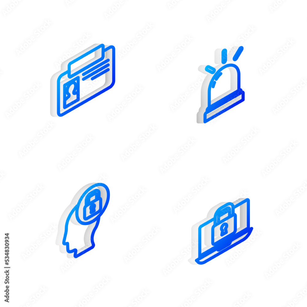 Set Isometric line Motion sensor, Identification badge, Human head with lock and Laptop and icon. Vector Set Isometric line Motion sensor, Identification badge, Human head with lock and Laptop and icon. Vector