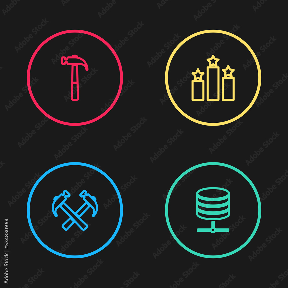 Set line Two crossed hammers, Server, Data, Web Hosting, Ranking star and Hammer icon. Vector Set line Two crossed hammers, Server, Data, Web Hosting, Ranking star and Hammer icon. Vector