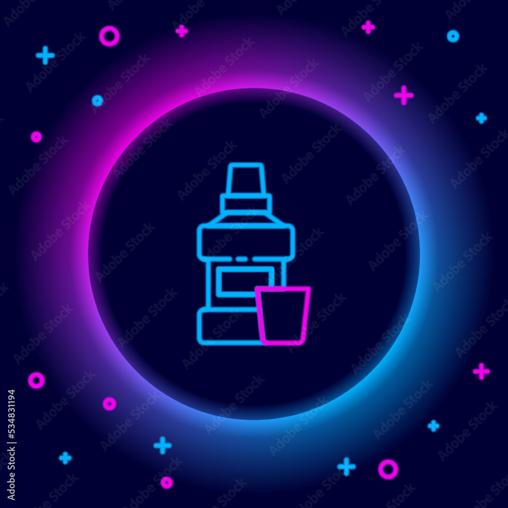 Glowing neon line Mouthwash plastic bottle and glass icon isolated on black background. Liquid for rinsing mouth. Oralcare equipment. Colorful outline concept. Vector Glowing neon line Mouthwash plastic bottle and glass icon isolated on black background. Liquid for rinsing mouth. Oralcare equipment. Colorful outline concept. Vector