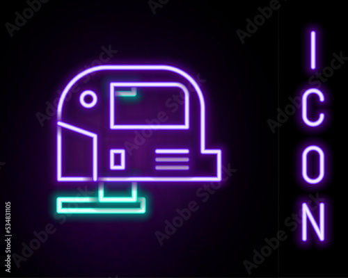 Glowing neon line Electric jigsaw with steel sharp blade icon isolated on black background. Power tool for woodwork. Colorful outline concept. Vector