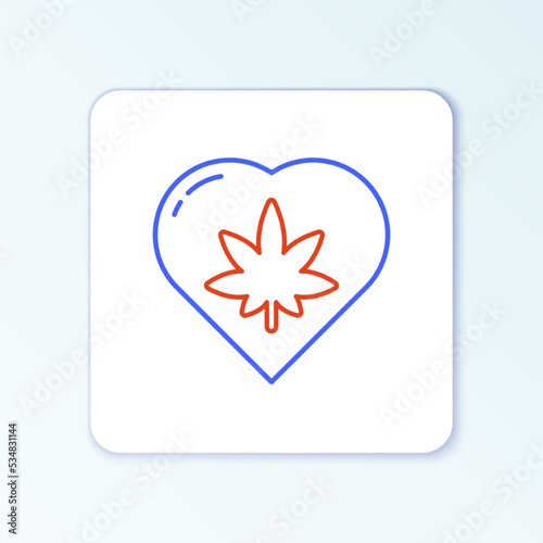 Line Marijuana leaf in heart shape icon isolated on white background. Hemp symbol. Colorful outline concept. Vector