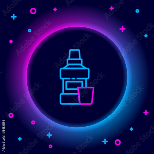 Glowing neon line Mouthwash plastic bottle and glass icon isolated on black background. Liquid for rinsing mouth. Oralcare equipment. Colorful outline concept. Vector
