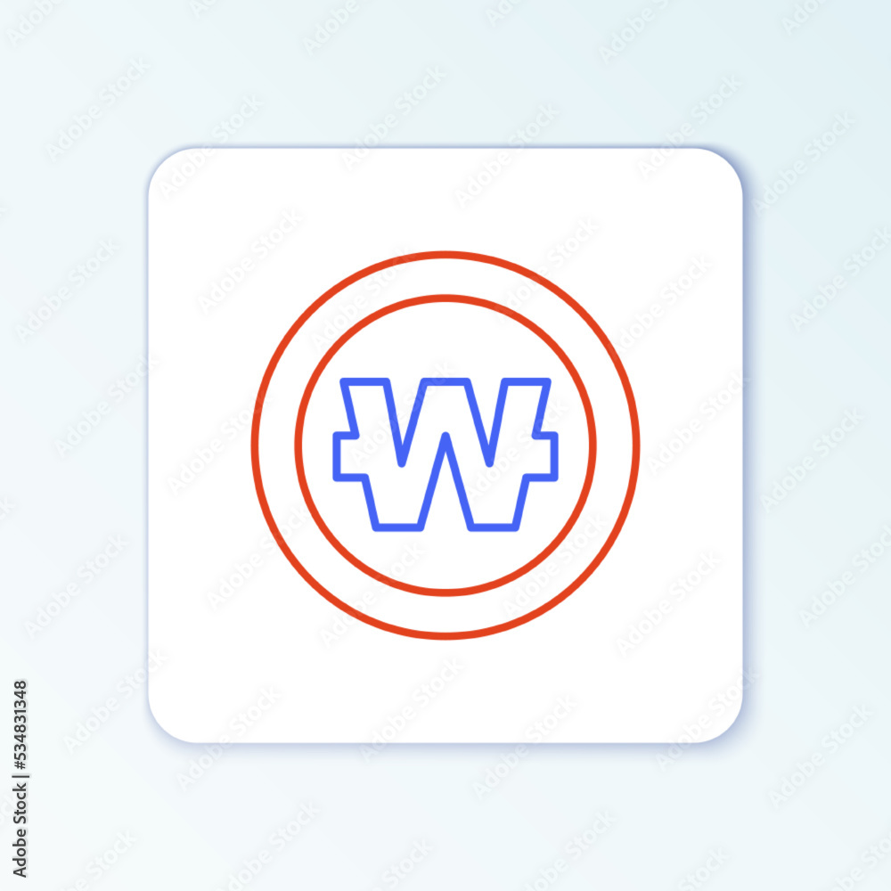 Line South Korean won coin icon isolated on white background. South Korea currency business, payment and finance. Colorful outline concept. Vector Line South Korean won coin icon isolated on white background. South Korea currency business, payment and finance. Colorful outline concept. Vector