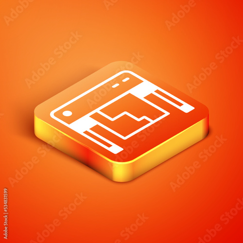 Isometric Plotter icon isolated on orange background. Large format multifunction printer. Polygraphy, printshop service. Vector