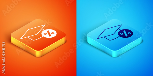 Isometric Graduation cap and coin icon isolated on orange and blue background. Education and money. Concept of scholarship cost or loan, tuition or study fee. Vector