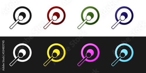 Set Gong musical percussion instrument circular metal disc and hammer icon isolated on black and white background. Vector