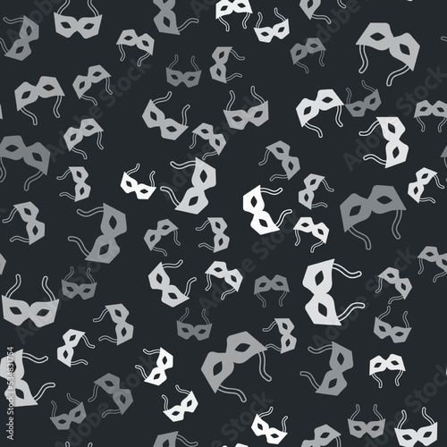Grey Festive mask icon isolated seamless pattern on black background. Merry Christmas and Happy New Year. Vector