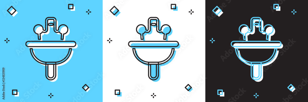 Set Washbasin with water tap icon isolated on blue and white, black background. Vector Set Washbasin with water tap icon isolated on blue and white, black background. Vector