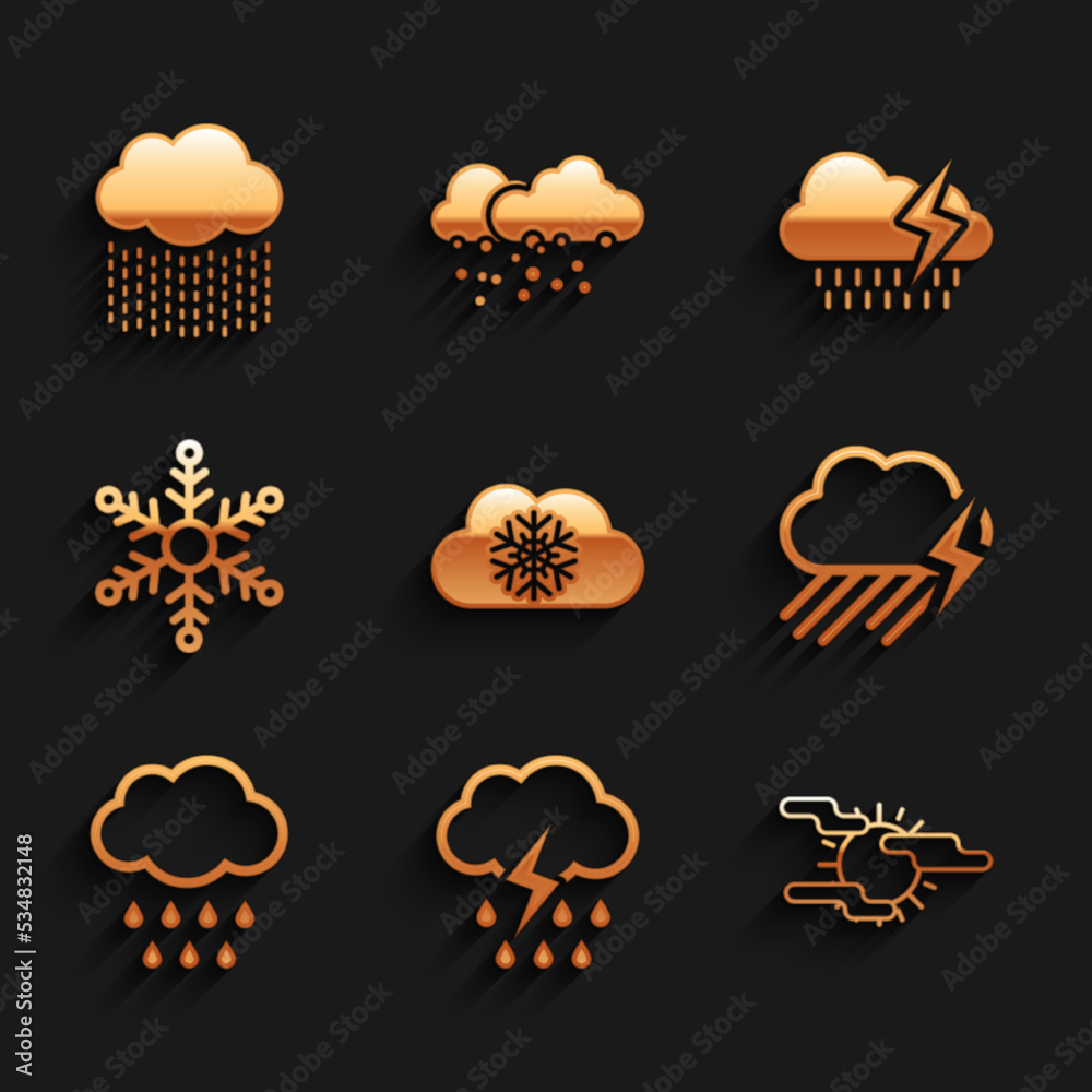 Set Cloud with snow, rain and lightning, Fog sun, and Snowflake icon. Vector Set Cloud with snow, rain and lightning, Fog sun, and Snowflake icon. Vector
