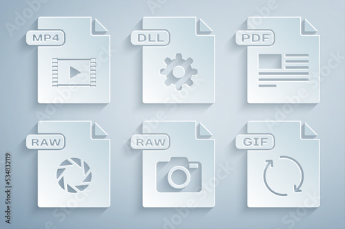 Set RAW file document, PDF, GIF, DLL and MP4 icon. Vector