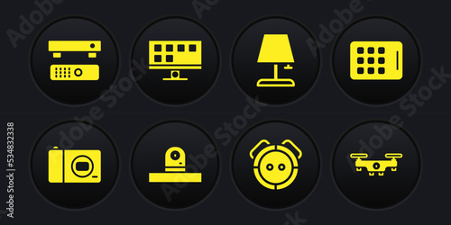 Set Photo camera, Graphic tablet, Security, Robot vacuum cleaner, Table lamp, Smart Tv, Drone flying and Multimedia and TV box icon. Vector
