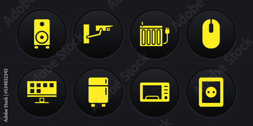 Set Smart Tv, Computer mouse, Refrigerator, Microwave oven, Heating radiator, Security camera, Electrical outlet and Stereo speaker icon. Vector