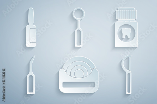 Set Dental floss, Painkiller tablet, explorer scaler, inspection mirror and icon. Vector