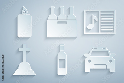 Set Bottle of wine, Music book with note, Tombstone cross, Police car and flasher, Bottles box and Burning candle icon. Vector