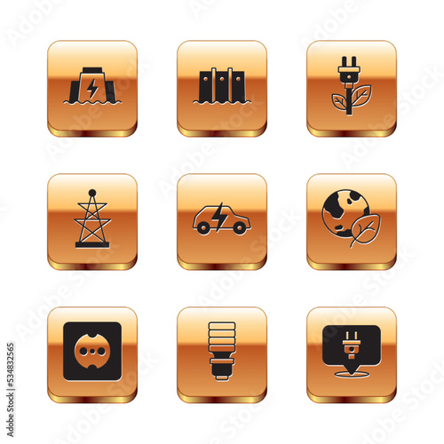 Set Hydroelectric dam, Electrical outlet, LED light bulb, car, tower, saving plug in leaf, and icon. Vector