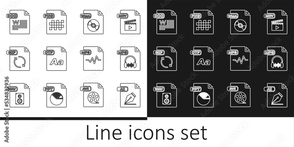 Set line AI file document, MP3, WMA, OTF, GIF, DOC, and PNG icon. Vector