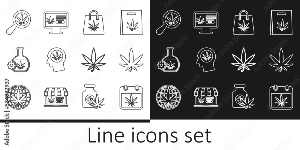 Set line Calendar and marijuana, Marijuana or cannabis leaf, Shopping bag of, Head profile with, Test tube, Magnifying glass, and Online buying icon. Vector Set line Calendar and marijuana, Marijuana or cannabis leaf, Shopping bag of, Head profile with, Test tube, Magnifying glass, and Online buying icon. Vector