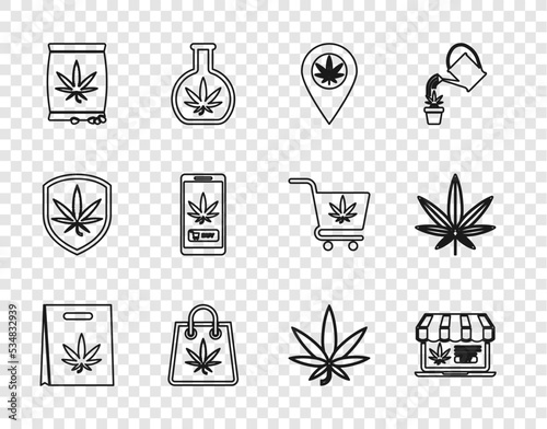 Set line Shopping bag of marijuana, Online buying, Location and, Marijuana or cannabis seeds, leaf and icon. Vector