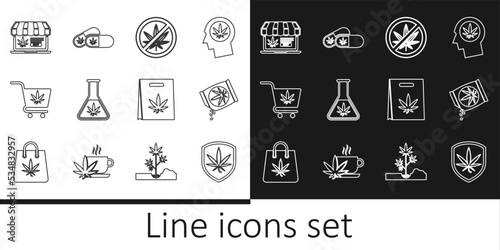 Set line Shield and marijuana, Marijuana or cannabis seeds, Stop, Test tube with, Shopping cart, Online buying, bag of and Medical pills icon. Vector