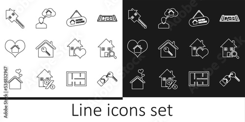 Set line House with key, Search house, Hanging sign Open, heart shape, and Man dreaming about buying icon. Vector