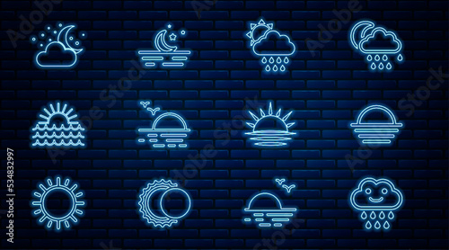 Set line Cloud with rain, Sunset, and sun, moon stars, and Moon icon. Vector