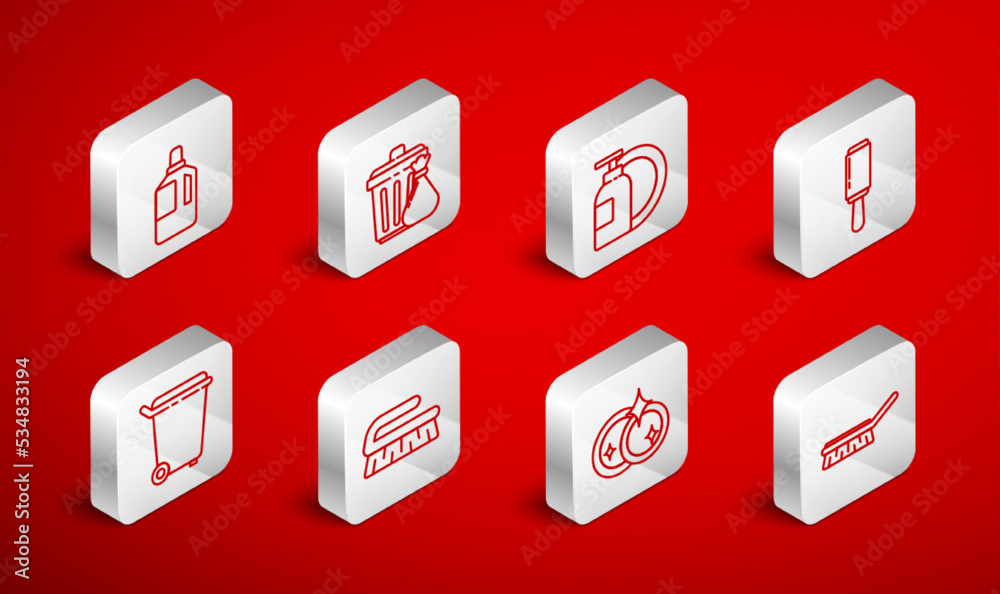 Set line Brush for cleaning, Trash can and garbage bag, Dishwashing liquid bottle plate, Adhesive roller, Washing dishes, Fabric softener, and icon. Vector Set line Brush for cleaning, Trash can and garbage bag, Dishwashing liquid bottle plate, Adhesive roller, Washing dishes, Fabric softener, and icon. Vector