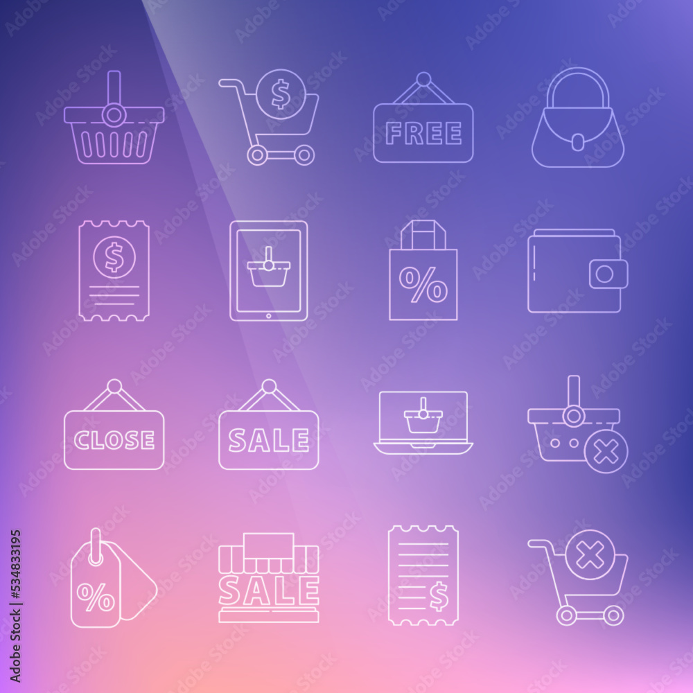 Set line Remove shopping cart, basket, Wallet, Price tag with text Free, Shopping on tablet, Paper check and financial check, and Shoping bag percent discount icon. Vector