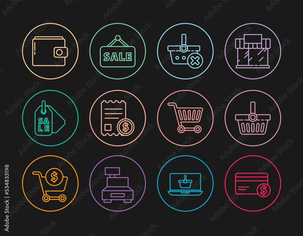 Set line Credit card and dollar, Shopping basket, Remove shopping, Paper check financial check, Price tag with Sale, Wallet, cart and Hanging sign icon. Vector