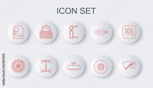 Set line Windscreen wiper, Car wheel, Truck side mirror, brake disk, Gear shifter, tire, Chassis car and icon. Vector