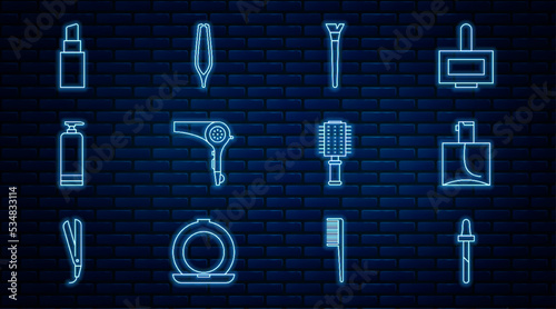 Set line Pipette, Perfume, Makeup brush, Hair dryer, Cream cosmetic tube, Lipstick, Hairbrush and Eyebrow tweezers icon. Vector
