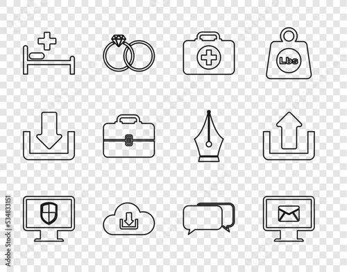 Set line Monitor and shield, envelope, First aid kit, Cloud download, Hospital bed, Toolbox, Chat and Upload icon. Vector