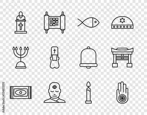 Set line Traditional carpet, Jainism or Jain Dharma, Christian fish, Man with third eye, Church pastor preaching, Priest, Burning candle and Japan Gate icon. Vector