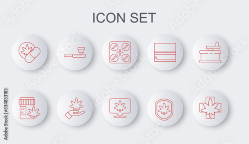 Set line Medical marijuana or cannabis leaf, bottle with, pills, Shield and, Herbal ecstasy tablets, Smoking pipe, Marijuana and Location icon. Vector
