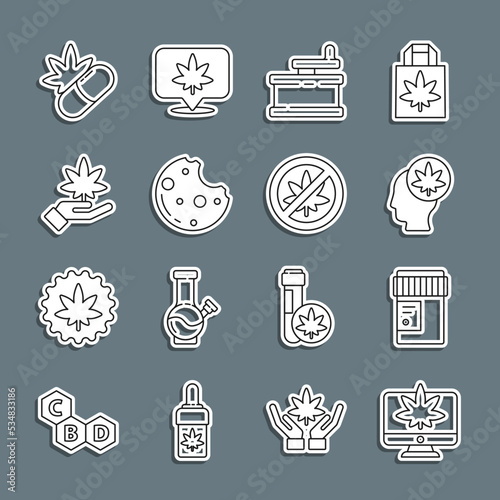 Set line Monitor and marijuana or cannabis, Medical bottle with, Head, Manual grinder, Cookies, Marijuana leaf, pills and Stop icon. Vector