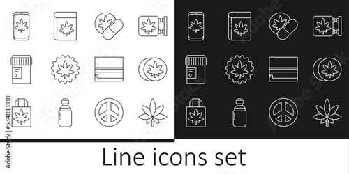 Set line Marijuana or cannabis leaf, Herbal ecstasy tablets, Medical bottle with, Mobile and marijuana, Rolling paper and Book icon. Vector