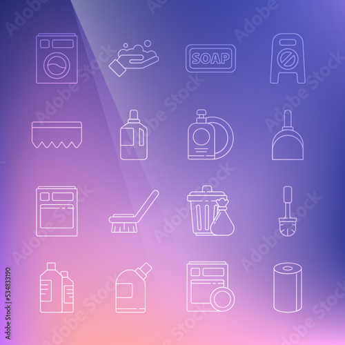 Set line Paper towel roll, Toilet brush, Dustpan, Bar of soap, Fabric softener, Sponge with bubbles, Washer and Dishwashing liquid bottle and plate icon. Vector