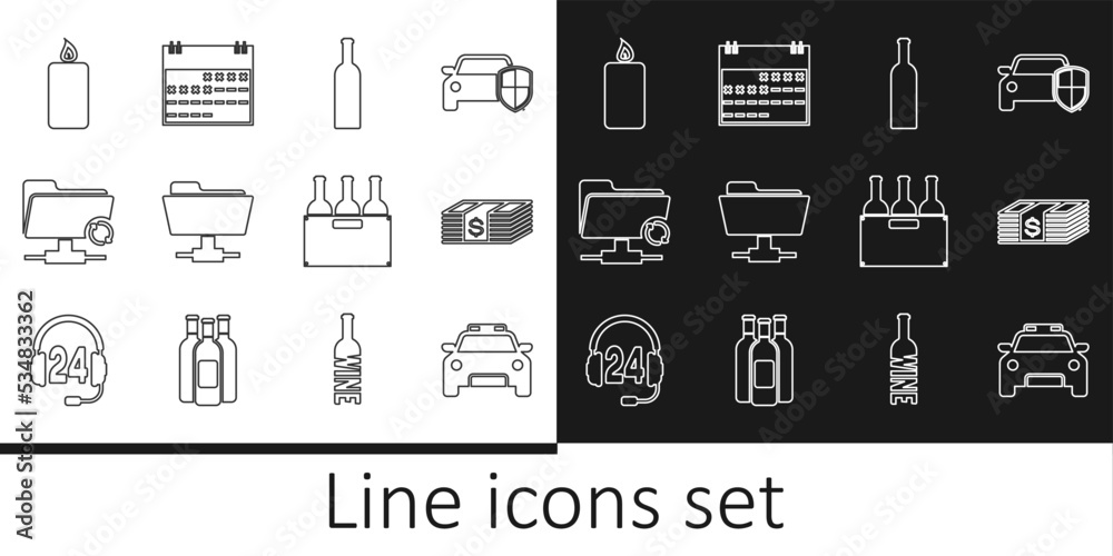 Set line Police car and flasher, Paper money dollars cash, Bottle of wine, FTP folder, sync refresh, Burning candle, Bottles box and Calendar icon. Vector Set line Police car and flasher, Paper money dollars cash, Bottle of wine, FTP folder, sync refresh, Burning candle, Bottles box and Calendar icon. Vector