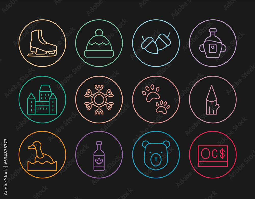 Set line Canadian dollar, Wooden log, Acorn, Snowflake, Chateau Frontenac hotel, Skates, Paw print and Beanie icon. Vector Set line Canadian dollar, Wooden log, Acorn, Snowflake, Chateau Frontenac hotel, Skates, Paw print and Beanie icon. Vector