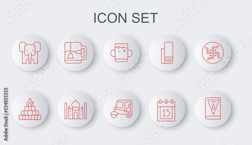 Set line India constitution day, Yagna, Cup of tea and leaf, Independence, Elephant, with bag, Taj Mahal and Taxi tuk tuk icon. Vector photo