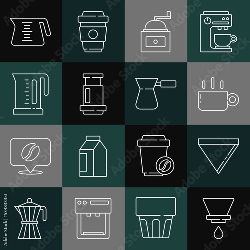 Set line V60 coffee maker, Coffee paper filter, cup, Manual grinder, Aeropress, Electric kettle, pot and turk icon. Vector