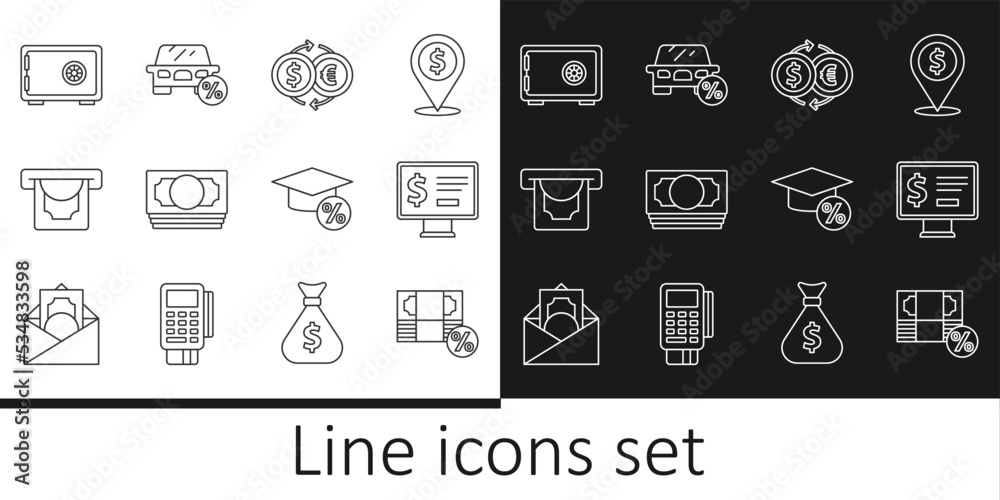 Set line Money percent, Monitor with dollar, exchange, Stacks paper money cash, ATM and, Safe, Graduation cap coin and Car leasing icon. Vector