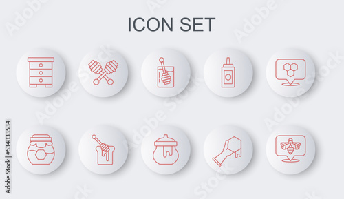 Set line Bee, Jar of honey, Honey dipper stick, Honeycomb and hand, Hive for bees, with and icon. Vector