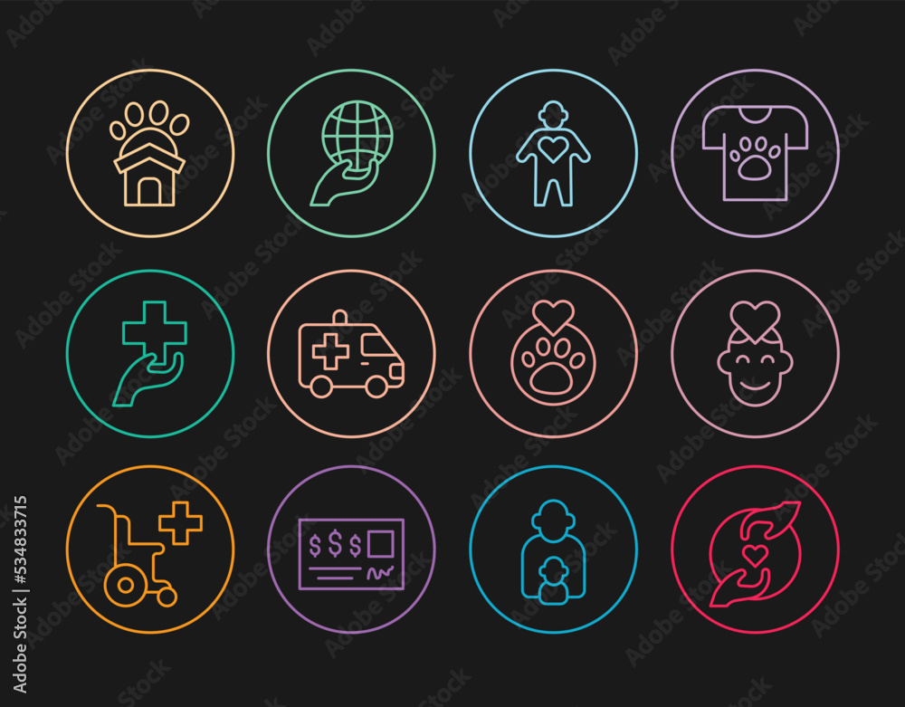 Set line Pleasant relationship, Volunteer, Ambulance car, Heart with cross, Animal shelter house, animals footprint and Hand holding Earth globe icon. Vector